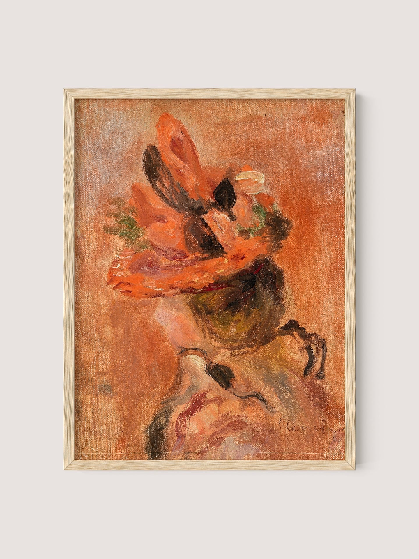 A framed painting titled "Woman’s Head with Red Hat" depicts an abstract figure with prominent red and orange hues. The figure, partially identifiable with flowing elements that could represent feathers or fabric, is set against a warm, ochre background. Reminiscent of a modern Renoir print, the artist’s signature is visible at the bottom right. The piece is encased in a natural oak frame, adding a touch of elegance to the artwork.