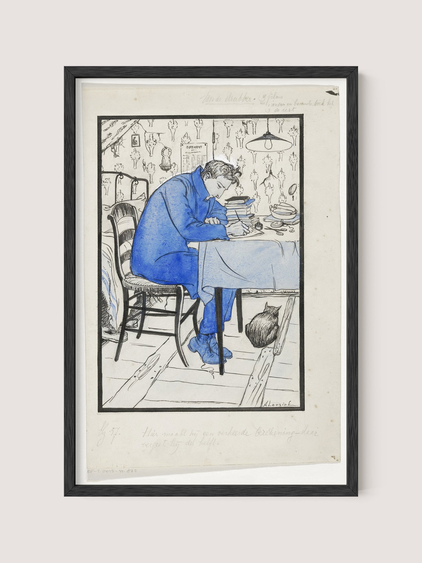 The framed drawing titled 'The Writer' in a pencil line style depicts a lone figure dressed in blue, sitting at a table with one hand resting on their head, appearing contemplative. The indoor scene features patterned wallpaper and an empty chair next to the figure. A charming cat sits on the floor to the right of the table. The frame is finished in an elegant Black Oak.