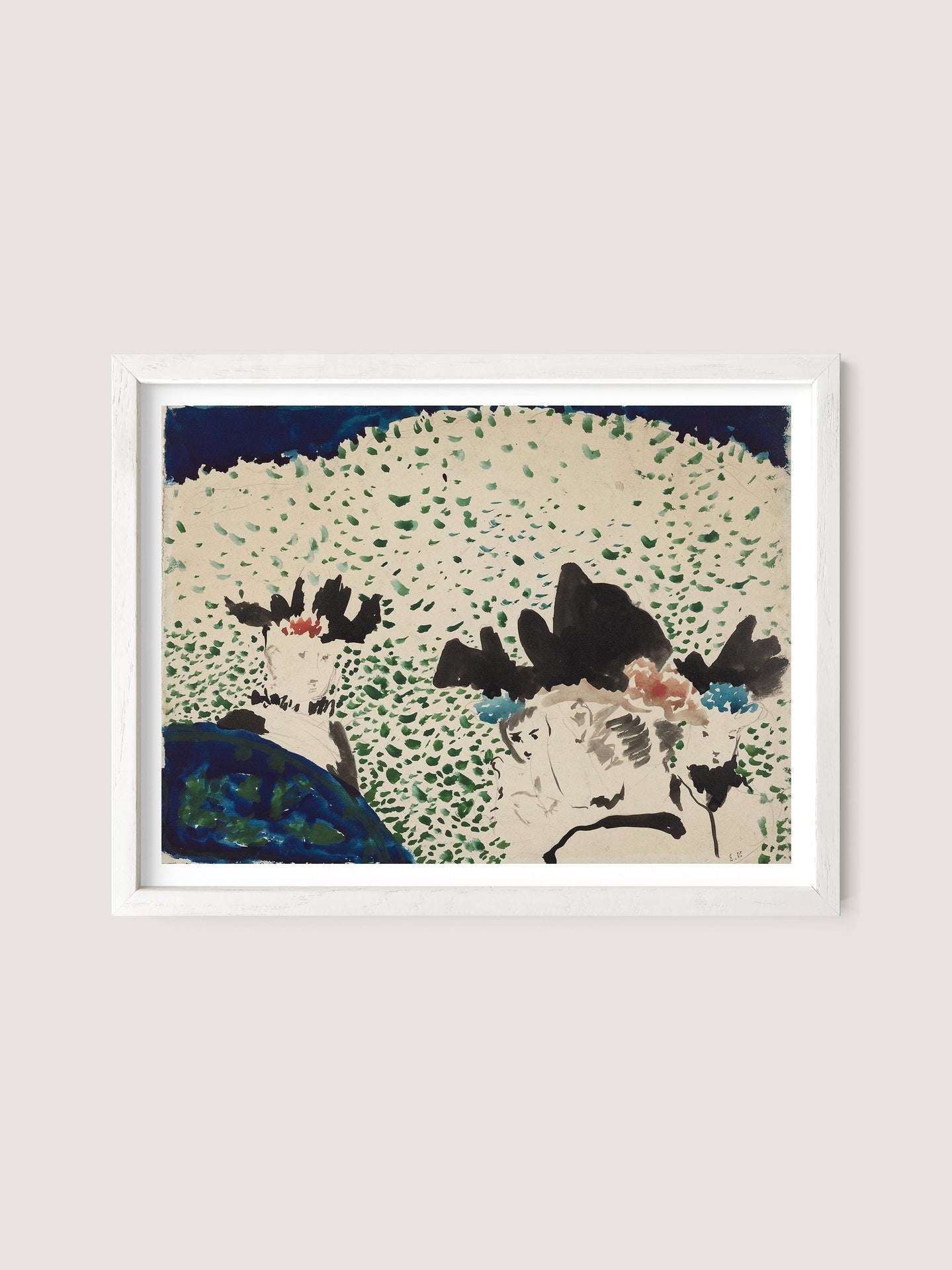 The "Four Ladies with Fancy Hats" framed artwork, featuring hues of green, blue, black, and white, presents a composition where the top half is adorned with green dots. Darker and lighter shapes dominate the lower portion against a plain light gray background. Enclosed in a White Oak frame, it exudes timeless Parisian elegance and seamlessly complements versatile interior design styles.