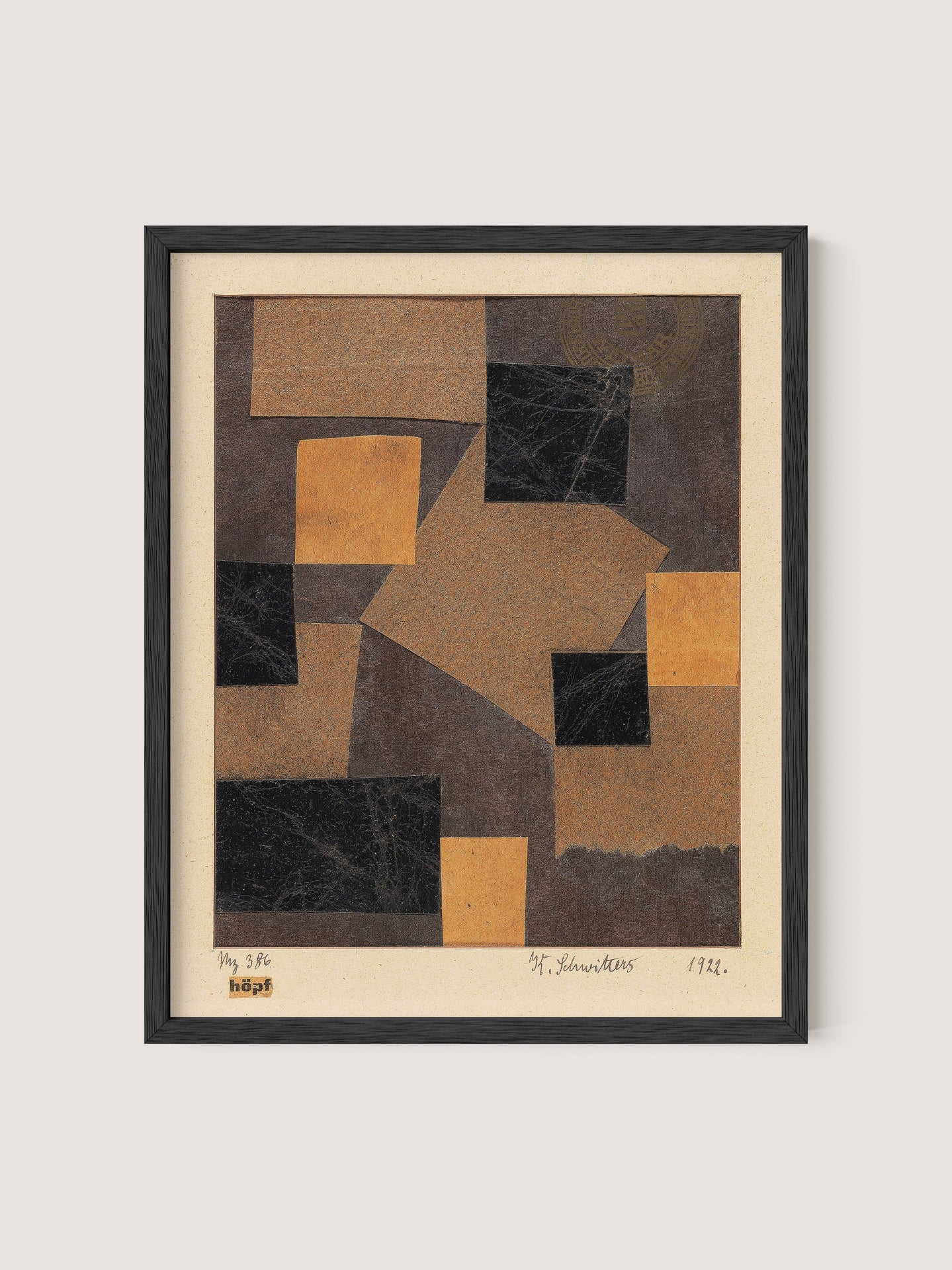 The "Mz 386 Hopf (Merzzeichnung)" framed art print in shades of brown and black showcases assorted geometric shapes, layered and textured in a cubist-constructivist style. A signature, likely belonging to the artist, is visible at the bottom right corner along with the date '1942', all encased in a sleek black oak frame.