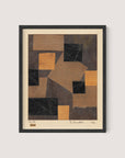 The "Mz 386 Hopf (Merzzeichnung)" framed art print in shades of brown and black showcases assorted geometric shapes, layered and textured in a cubist-constructivist style. A signature, likely belonging to the artist, is visible at the bottom right corner along with the date '1942', all encased in a sleek black oak frame.