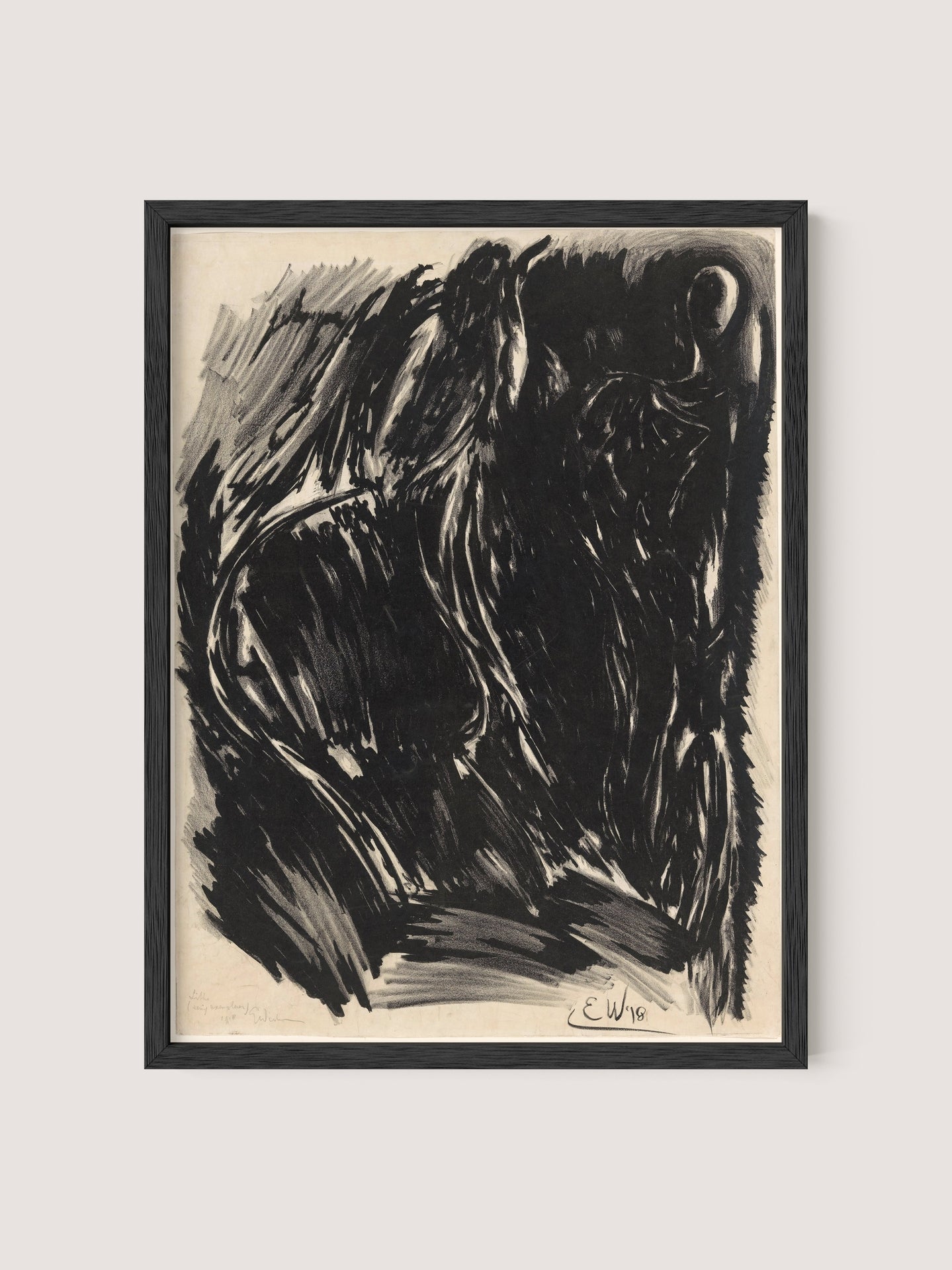 Introducing "Stormy Abstraction," a framed bold lithograph with a black oak finish that showcases dynamic and intense brush strokes in a black and white palette. The artwork features two indistinct human-like figures set against chaotic and dark background patterns, imbuing the piece with elemental drama and mystery. The artist's signature is visible in the lower right corner.