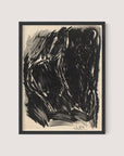 Introducing "Stormy Abstraction," a framed bold lithograph with a black oak finish that showcases dynamic and intense brush strokes in a black and white palette. The artwork features two indistinct human-like figures set against chaotic and dark background patterns, imbuing the piece with elemental drama and mystery. The artist's signature is visible in the lower right corner.