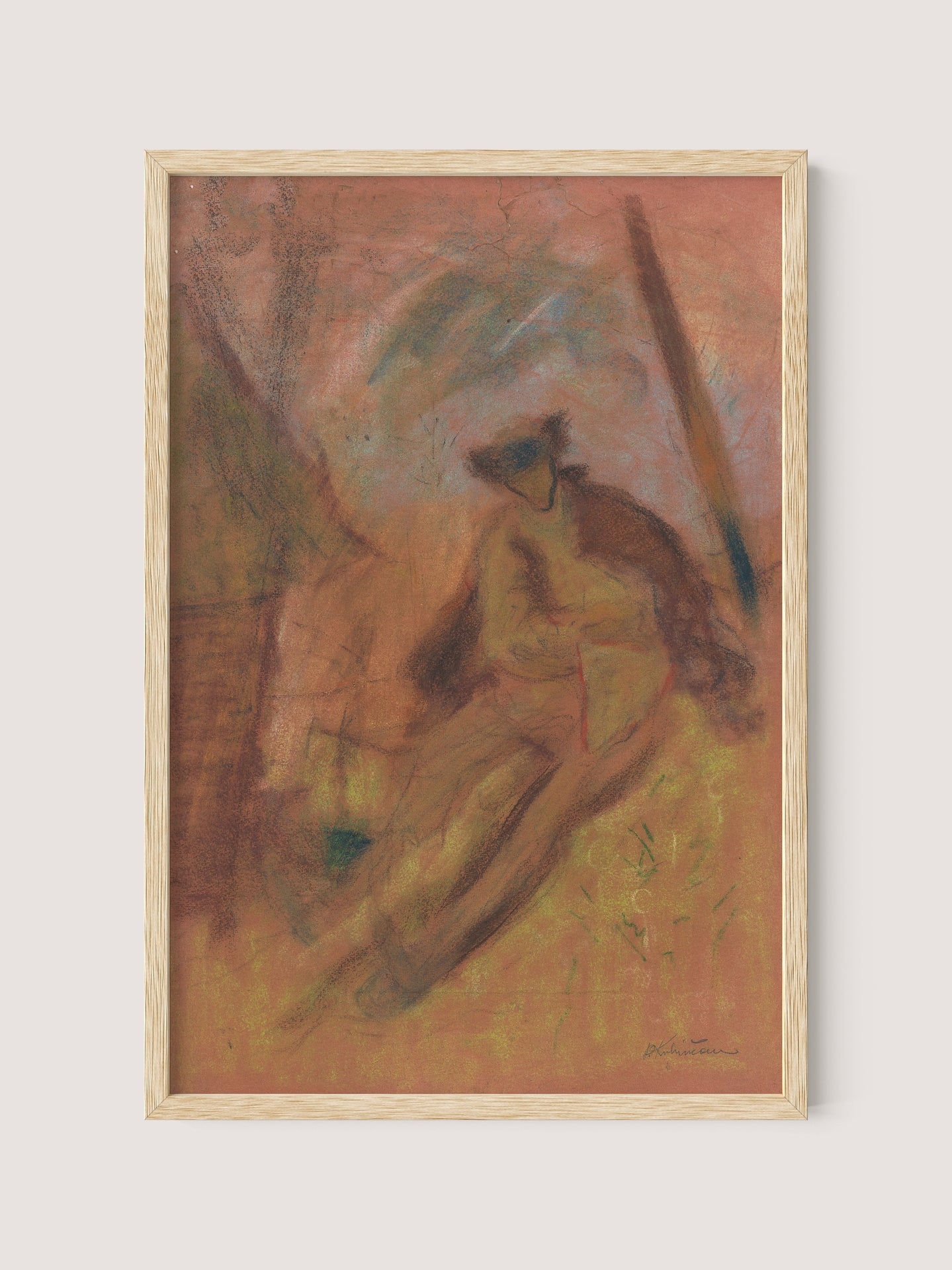 A framed abstract painting named "Farmer" by Arnold Peter Weisz-Kubínčan features an indistinct figure sitting or reclining amidst earthy tones of browns, oranges, and greens. The natural oak frame enhances the background's hint of an outdoor scene with a dreamlike atmosphere, reminiscent of a cultural legacy.