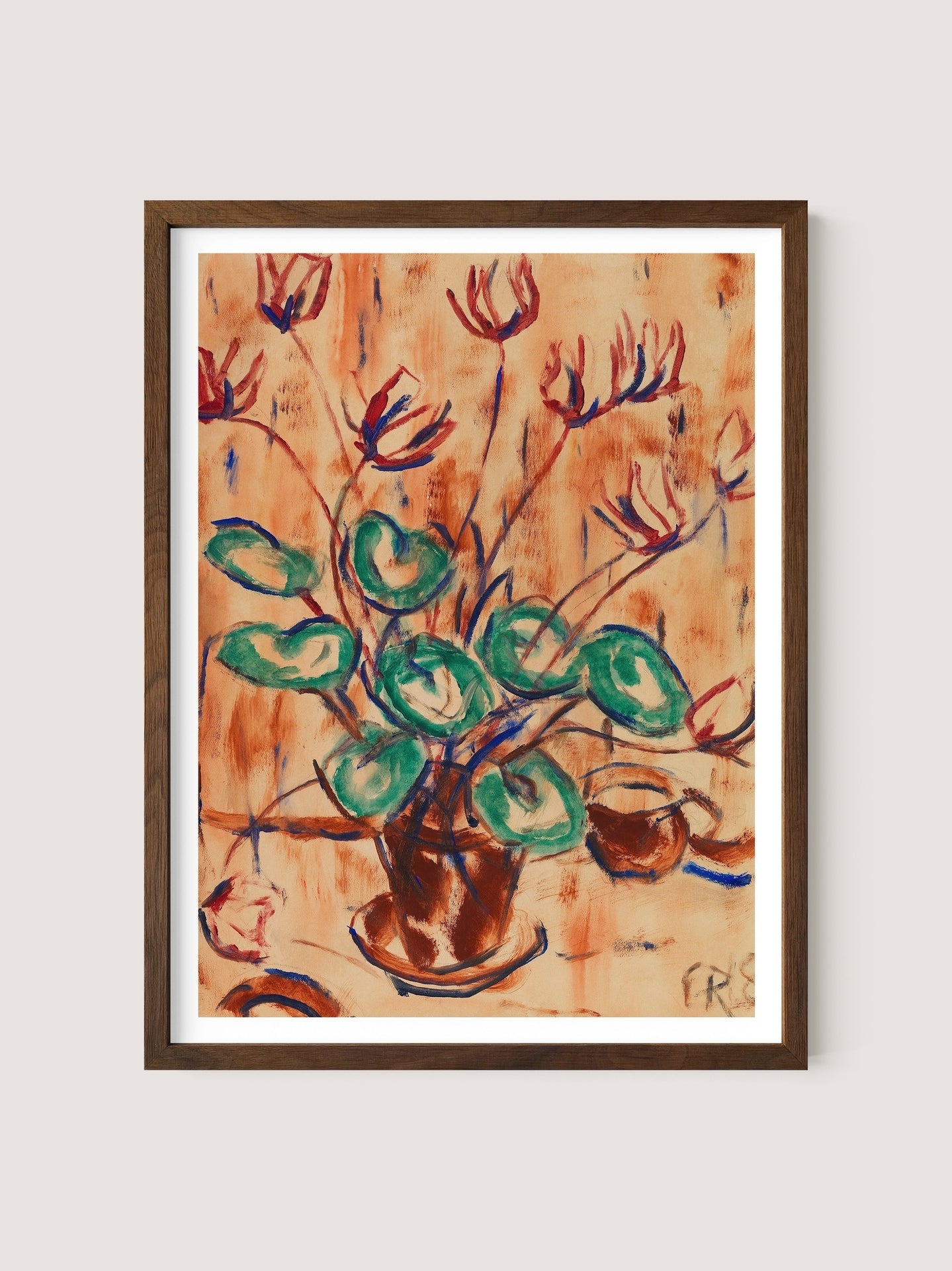 The art piece, &quot;Cyclamen,&quot; is a framed painting showcasing a lively arrangement of green leaves and red abstract flowers in a brown vase. The background, painted in warm walnut oak tones that complement various interior styles, features brushstrokes that produce a dynamic, flowing texture. The expressionist painter&#39;s signature can be seen in the corner.