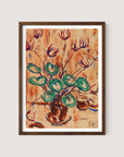 The art piece, "Cyclamen," is a framed painting showcasing a lively arrangement of green leaves and red abstract flowers in a brown vase. The background, painted in warm walnut oak tones that complement various interior styles, features brushstrokes that produce a dynamic, flowing texture. The expressionist painter's signature can be seen in the corner.