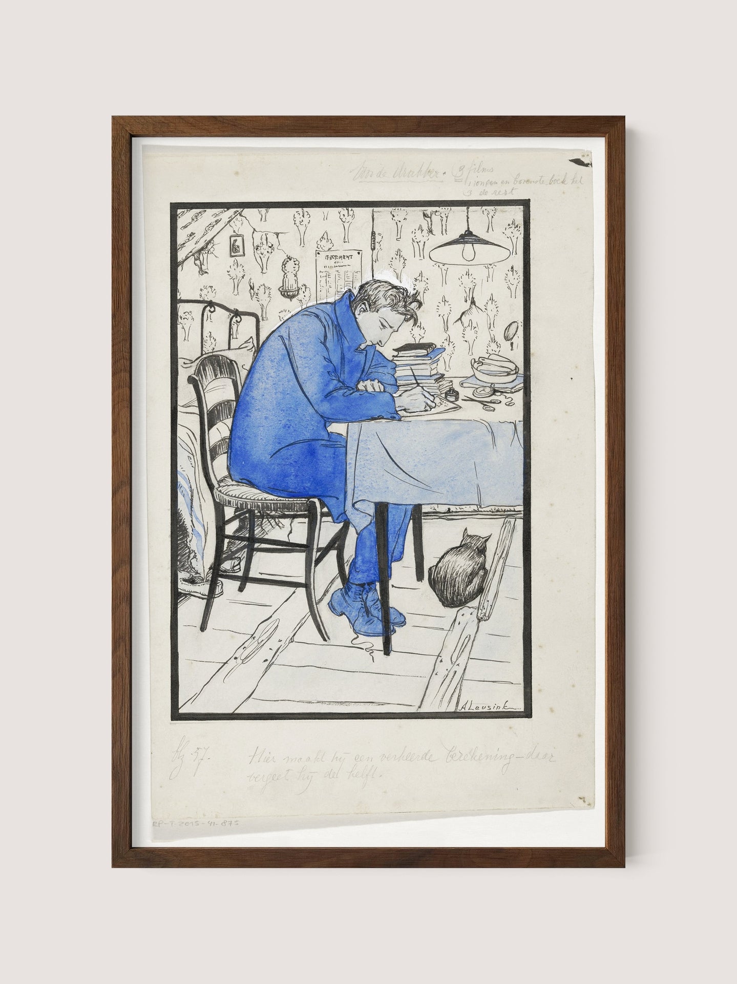 The Writer depicts a person seated at a table, with their head resting on folded arms in a contemplative pose. Dressed in blue, they are accompanied by a black cat sitting on the floor beside them. The scene evokes the feel of a vintage study print and showcases intricate pencil line work and shading, all set against the rich backdrop of Walnut Oak.