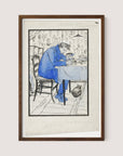 The Writer depicts a person seated at a table, with their head resting on folded arms in a contemplative pose. Dressed in blue, they are accompanied by a black cat sitting on the floor beside them. The scene evokes the feel of a vintage study print and showcases intricate pencil line work and shading, all set against the rich backdrop of Walnut Oak.