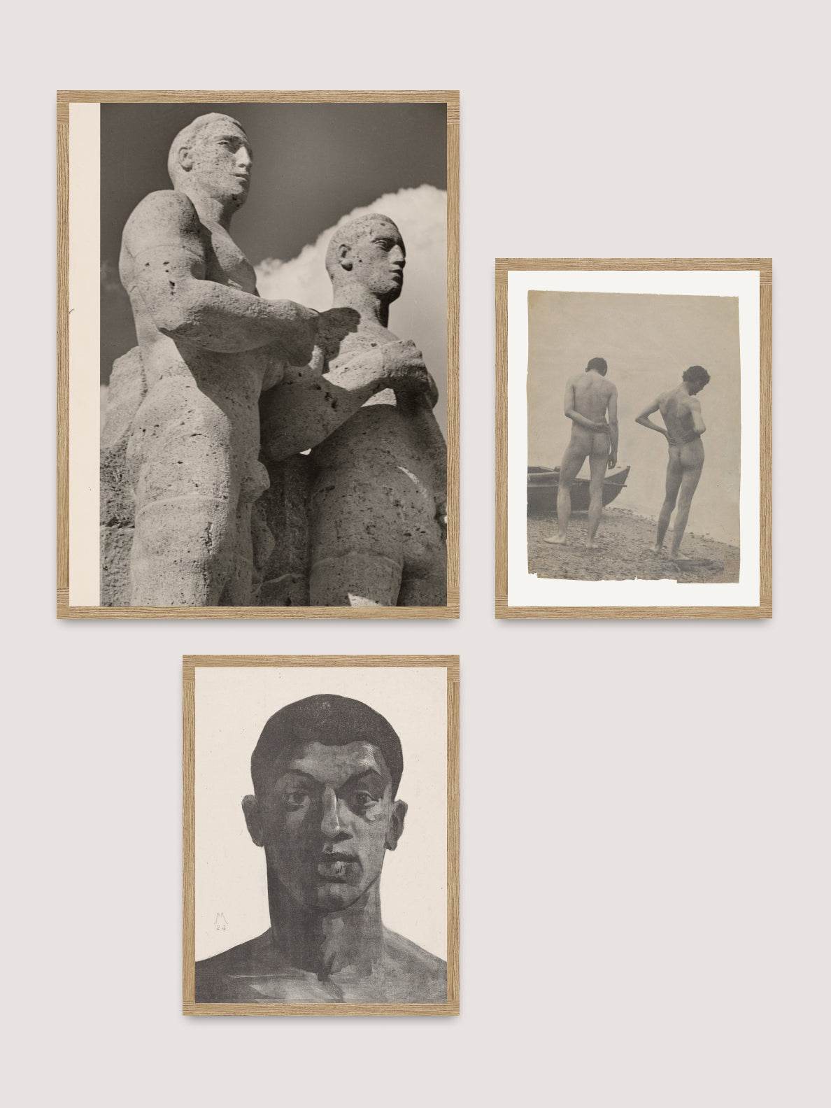 Three framed grayscale prints included in the Art Wall IV: the top left showcases a sculpted pair of human figures, the top right features two people standing near the shore, with one holding a net, and the bottom image is an intricate portrait of a person's face. This dynamic exposition creates an engaging visual narrative.