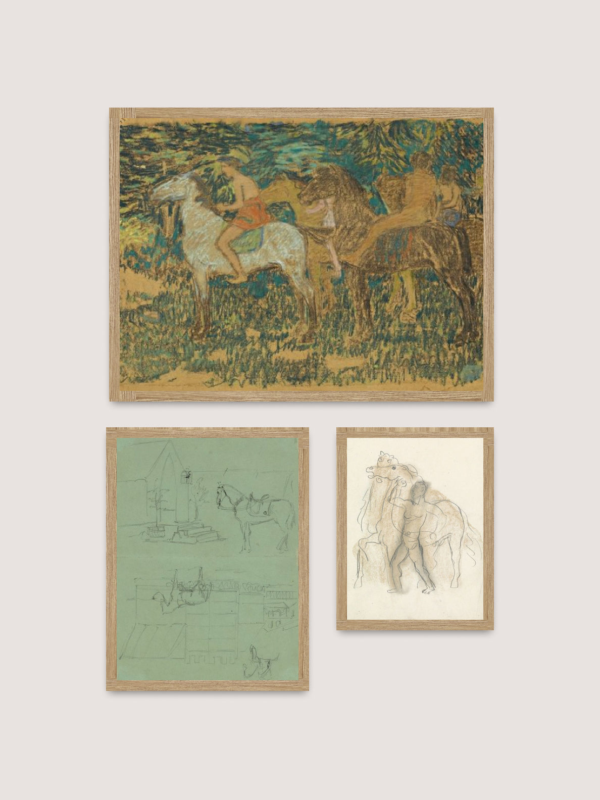 Three framed artworks from the Art Wall III collection are displayed on a light-colored wall, creating a curated art wall. The top piece depicts riders on horses in a dynamic scene. The bottom left shows green sketches of horses. The bottom right features a detailed sketch of two horses, with one man sitting on one of them. Prints and frames sold separately.