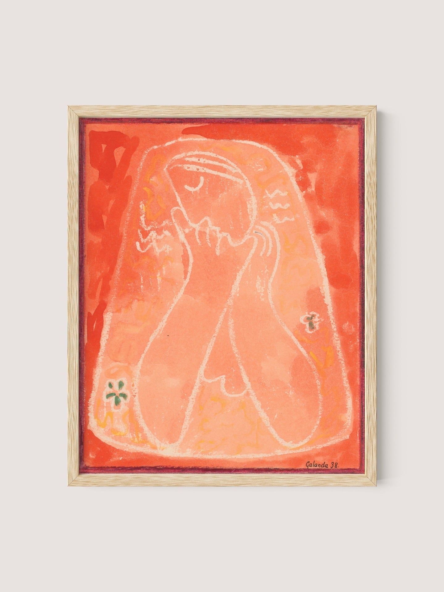 Thoughtful Woman II" is an abstract, minimalist painting that features a stylized figure with their hands placed on their cheeks, rendered in various shades of orange and red against an orange background. The artwork is beautifully framed in natural oak wood. A small flower detail on the left side enhances the piece, showcasing Galanda's versatile design.