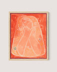 Thoughtful Woman II" is an abstract, minimalist painting that features a stylized figure with their hands placed on their cheeks, rendered in various shades of orange and red against an orange background. The artwork is beautifully framed in natural oak wood. A small flower detail on the left side enhances the piece, showcasing Galanda's versatile design.