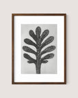 The framed Yarrow Leaf artwork features an abstract black and white depiction of a tree-like figure with multiple rounded branches extending symmetrically from a central trunk, evoking botanical beauty. The elegant walnut oak frame contrasts beautifully with the plain, light-colored background.