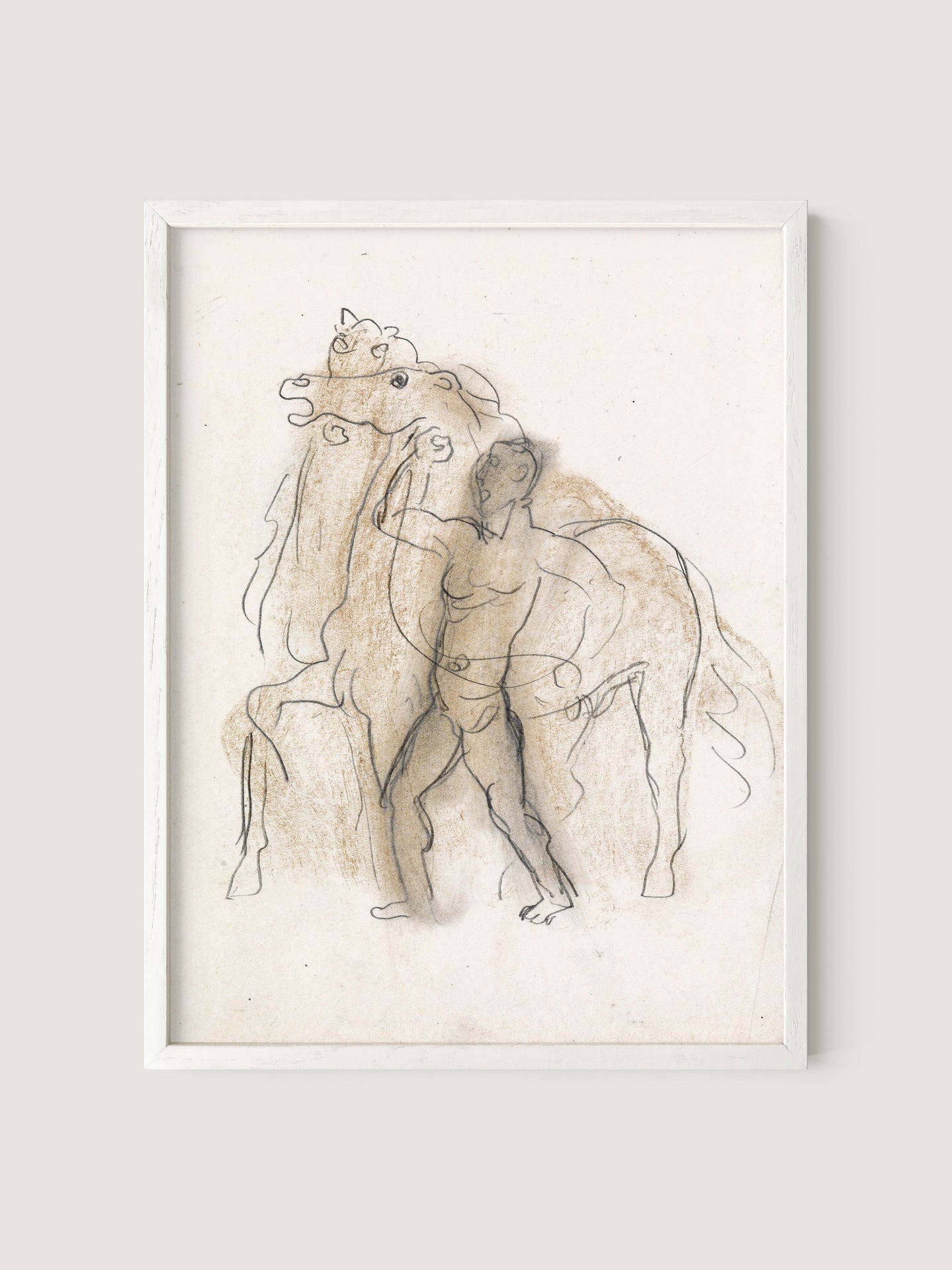 The framed minimalist "Man & Horses" sketch by Leo Gestel, featuring a man standing alongside a horse, is rendered in fine lines with light shading and rich brown conte. It captures the essence of the figures with elegant simplicity against a plain white oak background.