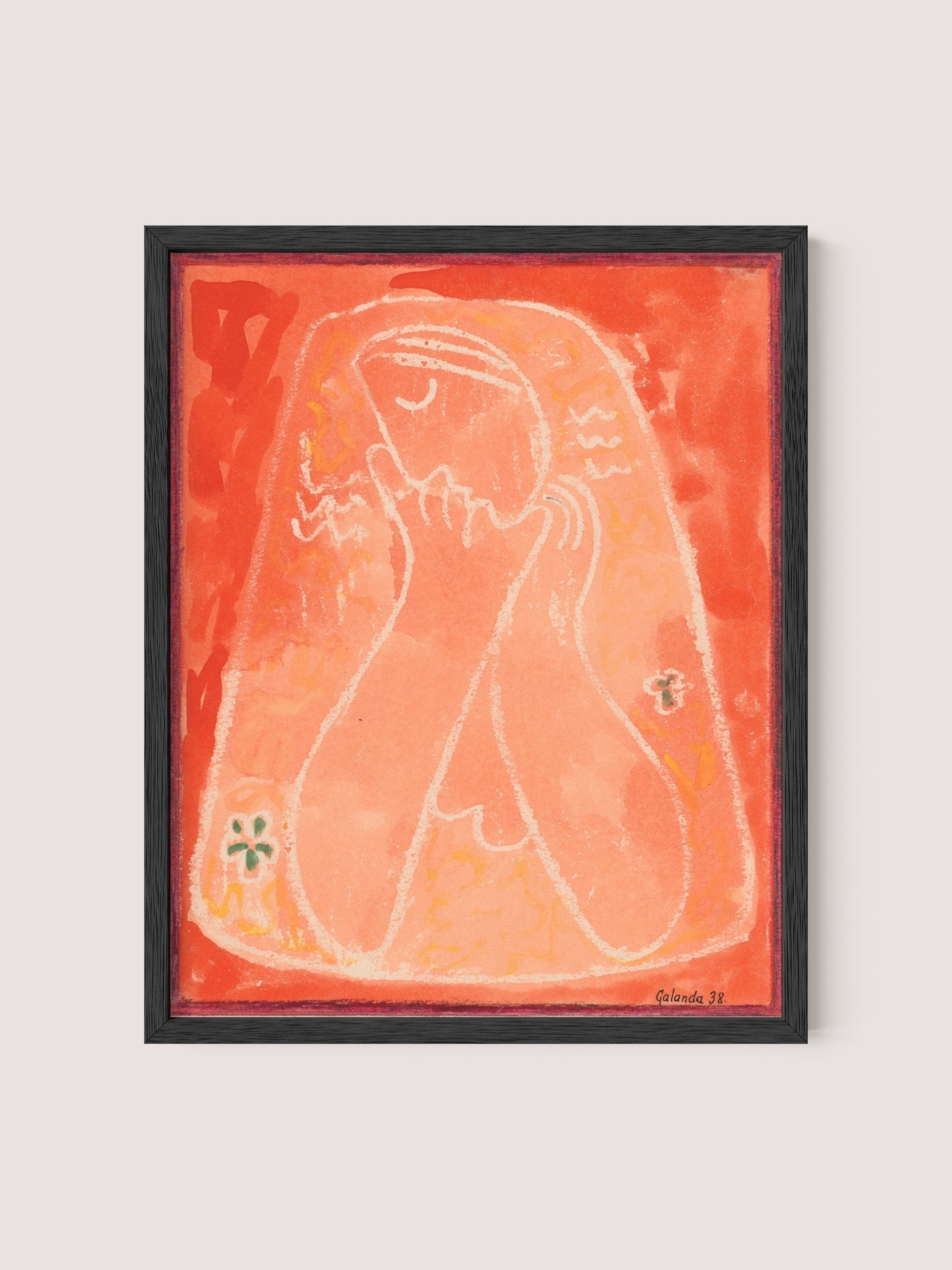 The framed abstract painting, "Thoughtful Woman II," by Galanda, features a figure with closed eyes and a contemplative expression. The predominantly orange and red hues with cream-colored outlines give it a minimalist yet impactful look. The figure's hands are positioned near their face, complemented by subtle floral accents. The artwork is elegantly framed in Black Oak.