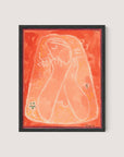 The framed abstract painting, "Thoughtful Woman II," by Galanda, features a figure with closed eyes and a contemplative expression. The predominantly orange and red hues with cream-colored outlines give it a minimalist yet impactful look. The figure's hands are positioned near their face, complemented by subtle floral accents. The artwork is elegantly framed in Black Oak.