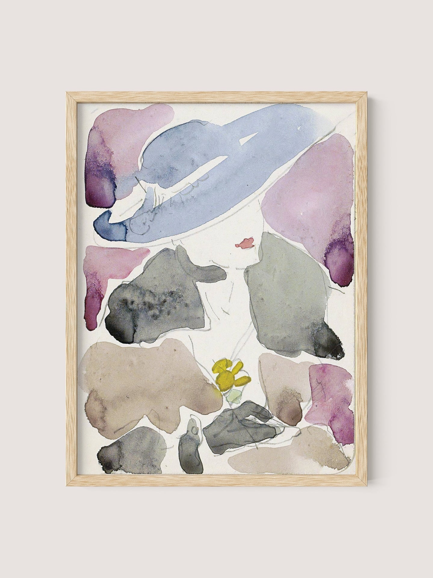 A framed abstract painting titled "Dutch Woman" by Reijer Stolk in a Natural Oak frame, featuring a mix of soft pastel colors—primarily purples, blues, and grays—with splashes of yellow and white. This impressionistic piece has no discernible subject, evoking a sense of tranquility and fluidity that's perfect for any fashion-forward space on the Gold Coast.