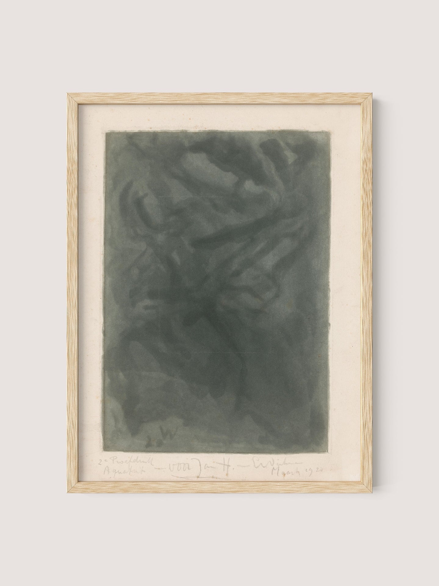 Introducing "Abstract Composition I," a framed abstract artwork featuring dark green, swirling forms on a light background. The natural oak frame is plain and minimalist, perfectly complementing the subtle tones of the Erich Winchmann print. Handwritten text is visible along the bottom edge of this museum-quality piece, evoking a sense of tranquil wonder.