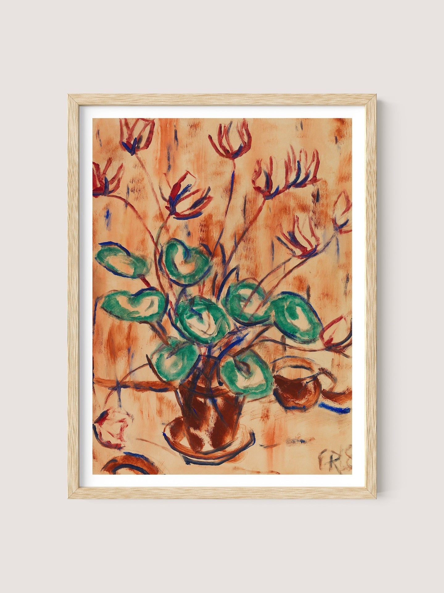 A framed painting titled "Cyclamen" by an expressionist painter, showcasing an abstract depiction of a potted plant with green leaves and vibrant red flowers set against a warm, textured background. The plant's stems and blossoms are highlighted with bold, colorful strokes, creating a dynamic effect that harmonizes beautifully with various interior styles. The frame is in Natural Oak.