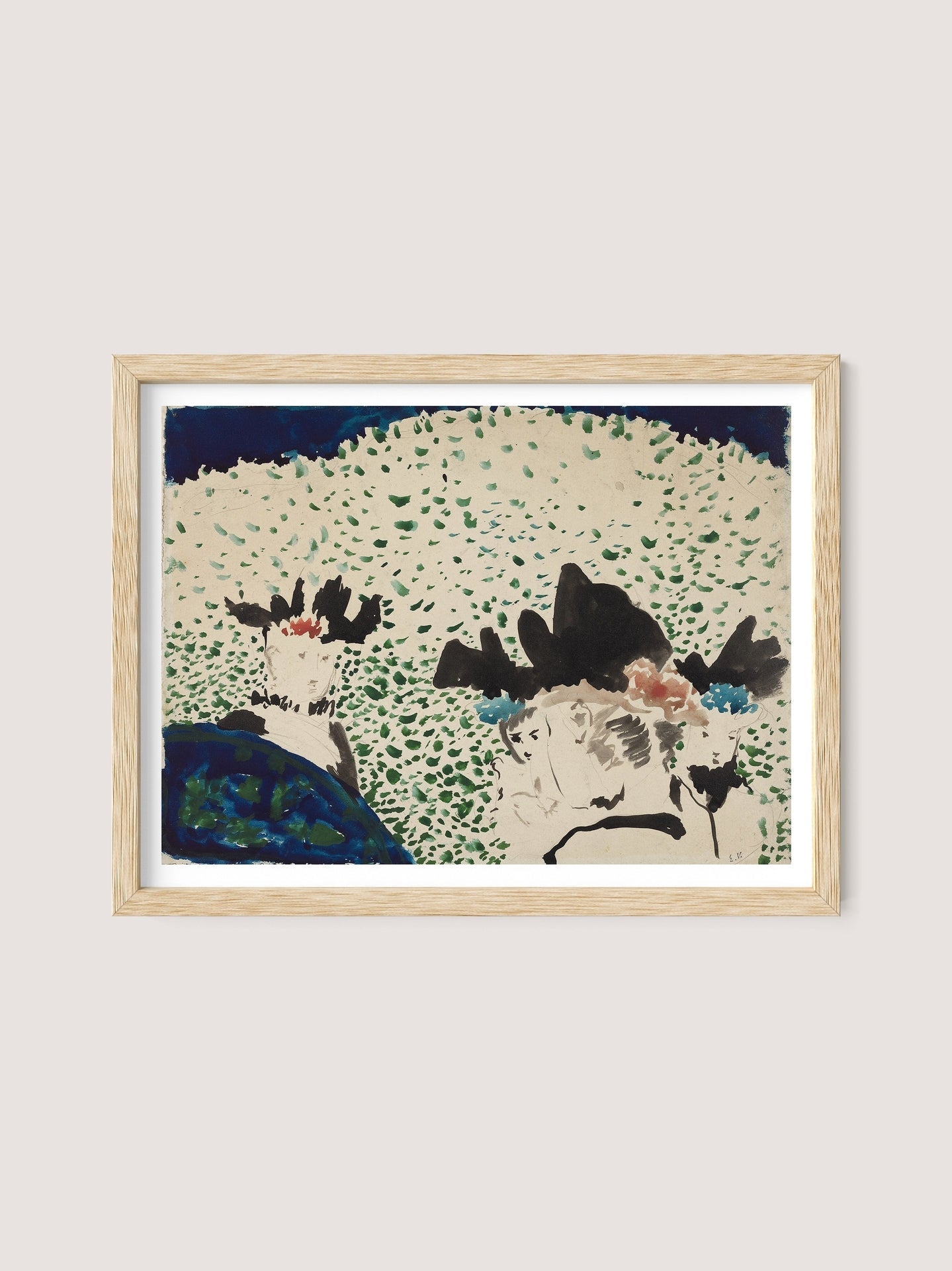 Four Ladies with Fancy Hats is a framed abstract watercolor painting showcasing a bustling assortment of dark shapes and splashes of green, blue, and brown. The speckled background design enhances this versatile piece, set against a neutral-colored wall that highlights the natural oak frame with timeless Parisian elegance.