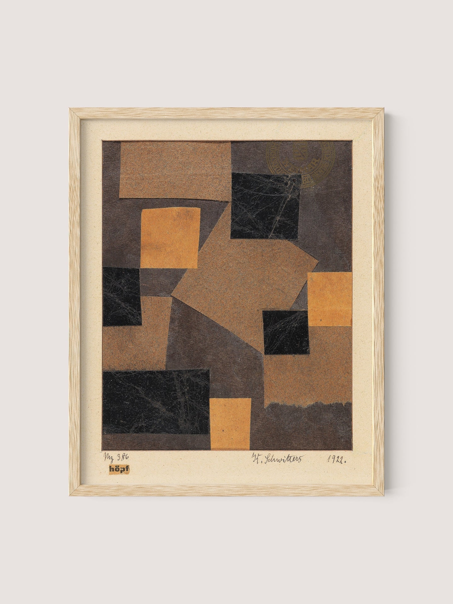 The "Mz 386 Hopf (Merzzeichnung)" is a framed abstract artwork in a cubist-constructivist style, showcasing a composition of black and brown geometric shapes on a textured background. The piece is signed with "M. Schwitters" in the bottom right corner and dated "1921." A natural oak frame beautifully complements the print.