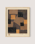 The "Mz 386 Hopf (Merzzeichnung)" is a framed abstract artwork in a cubist-constructivist style, showcasing a composition of black and brown geometric shapes on a textured background. The piece is signed with "M. Schwitters" in the bottom right corner and dated "1921." A natural oak frame beautifully complements the print.