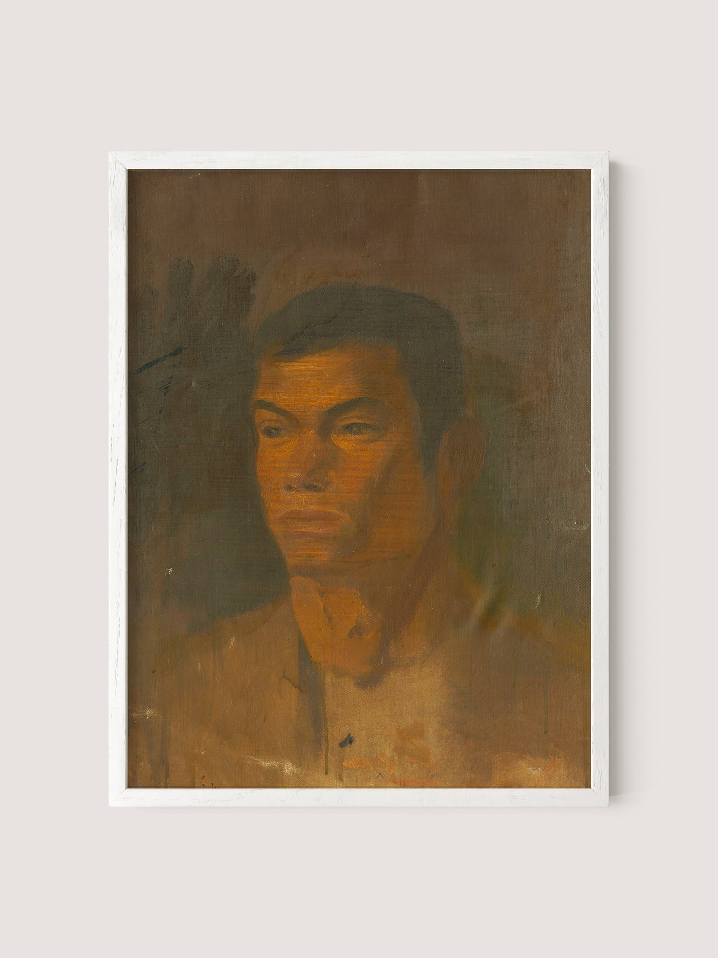 A framed, striking portrait titled "Head of a Gypsy Boy," featuring an individual with short, dark hair set against a muted, brownish background. The figure's expression is serious, and the artwork uses warm tones and shadowing to define the facial features. Reminiscent of Ladislav Mednyánszky's style, its simple white oak frame enhances its sophisticated timeless décor appeal.