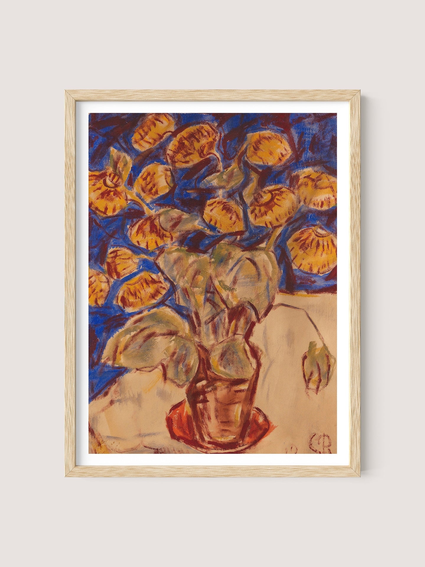 A piece titled "Slipper Flower," encased in a natural oak wooden frame, depicts a potted plant with large, vibrant orange flowers and green leaves against a deep blue background. The expressive and loosely defined art style gives the painting a dynamic and lively feel, making it perfect for various interior styles that embrace rich earth tones.