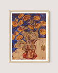 A piece titled "Slipper Flower," encased in a natural oak wooden frame, depicts a potted plant with large, vibrant orange flowers and green leaves against a deep blue background. The expressive and loosely defined art style gives the painting a dynamic and lively feel, making it perfect for various interior styles that embrace rich earth tones.