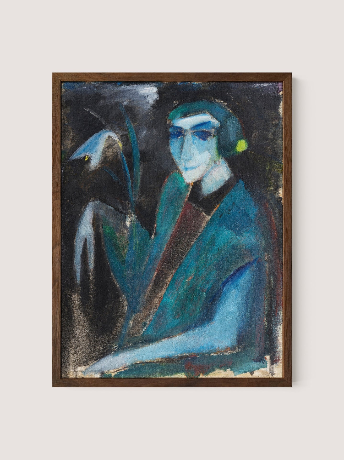 The **Portrait of a Lady with Lily** features an abstract representation of a person dressed in blue and dark clothing set against a dark background. The texture-rich surface highlights the figure, outlined in striking blues and greens, holding a lily with a long stem. Elegantly framed in walnut oak, this piece is perfect for diverse interior styles.