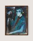 The **Portrait of a Lady with Lily** features an abstract representation of a person dressed in blue and dark clothing set against a dark background. The texture-rich surface highlights the figure, outlined in striking blues and greens, holding a lily with a long stem. Elegantly framed in walnut oak, this piece is perfect for diverse interior styles.