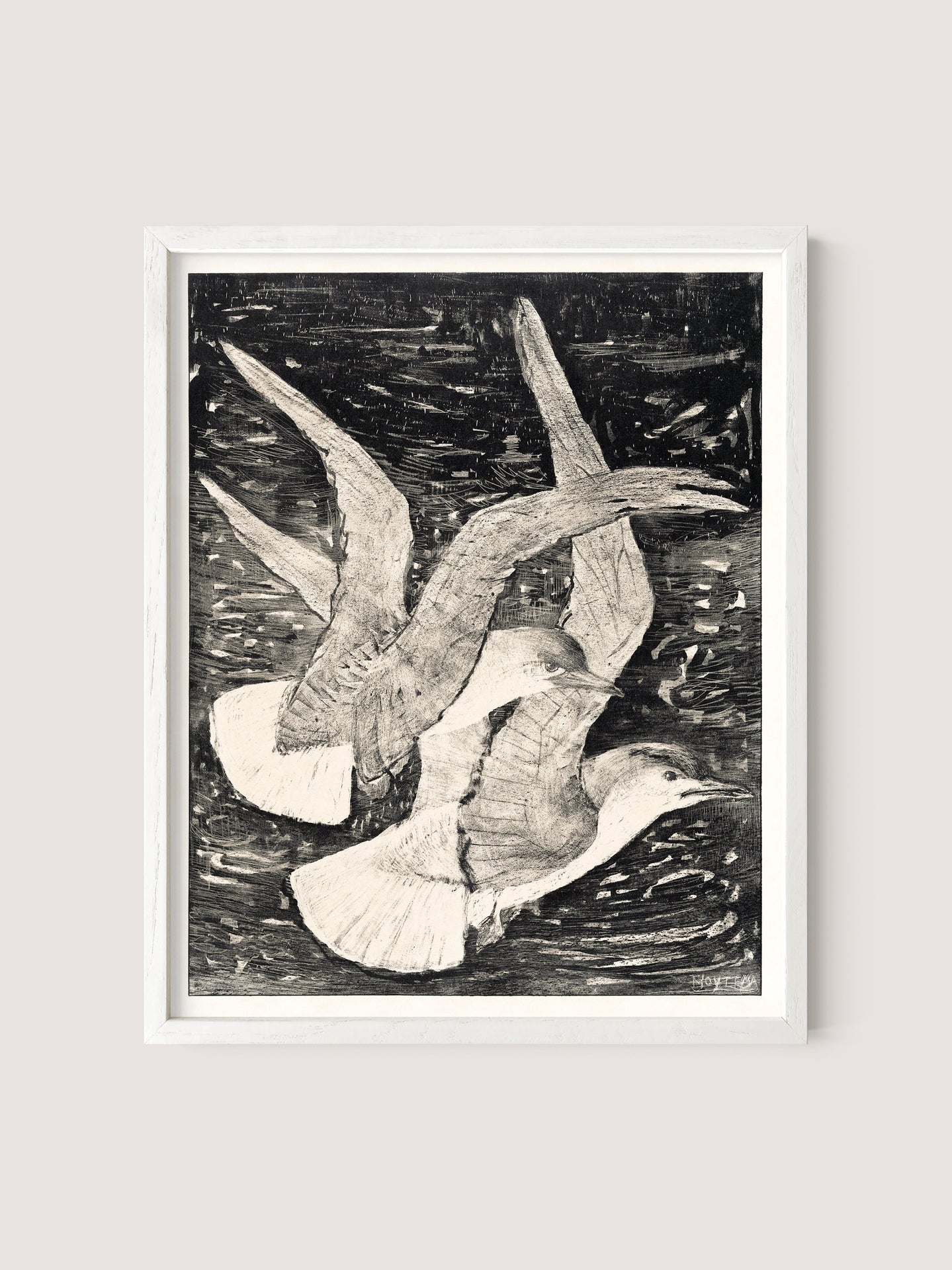 Flying Seagulls framed monochrome artwork in a white oak color depicts two birds in flight against a textured background. The birds' wings are spread wide, and the detailed line work captures the motion and grace of their flight, reflecting van Hoytema's fascination with the natural world.