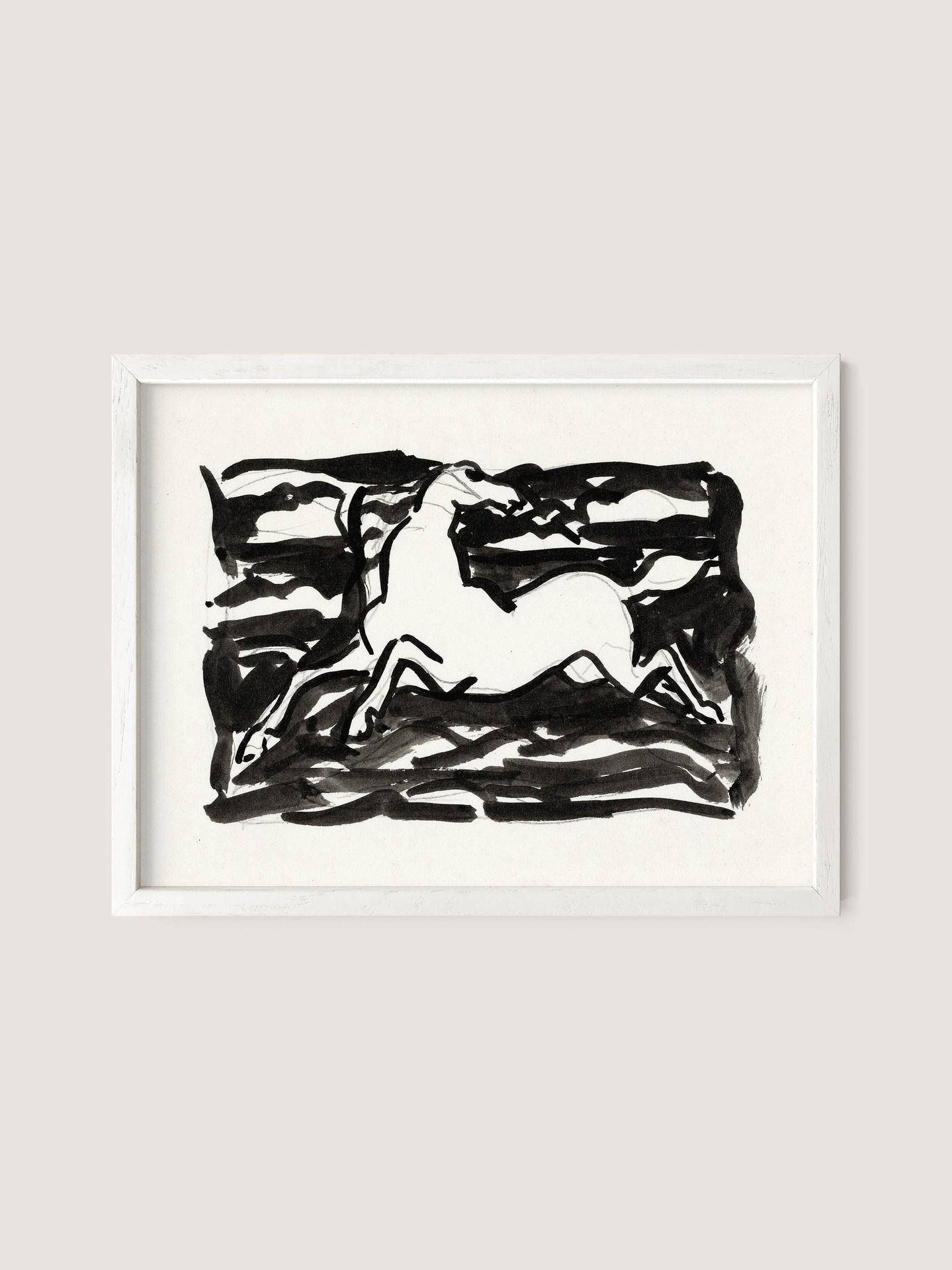 Introducing "Leaping Horse": a framed white oak ink drawing that captures the dynamic motion of a horse in mid-leap. Inspired by Leo Gestel, this minimalist artwork features an abstract background with energetic brush strokes, providing a textured and contrasting backdrop to the elegant silhouette of the leaping horse.