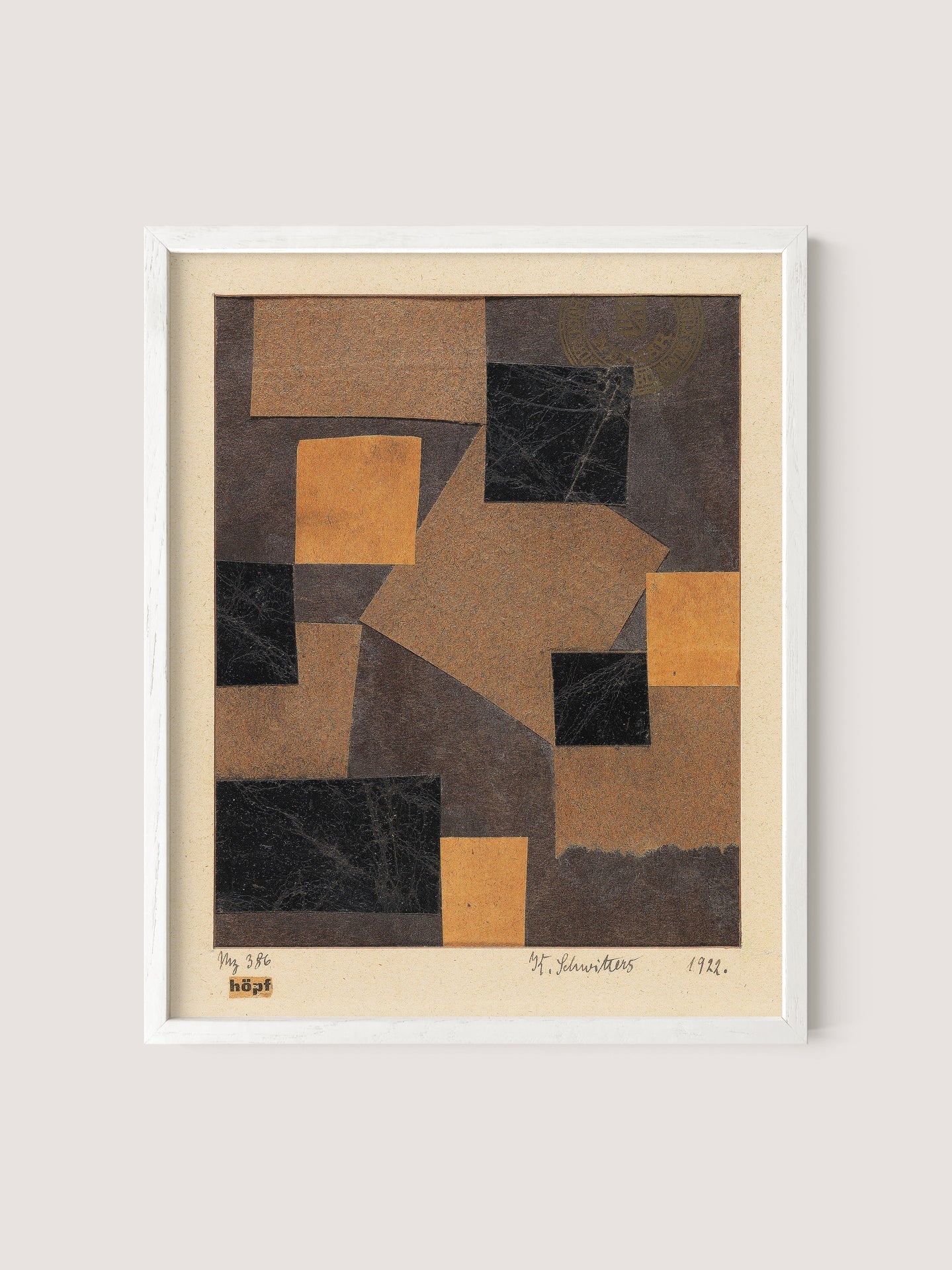 A framed abstract piece of artwork, titled "Mz 386 Hopf (Merzzeichnung)," showcasing a print of brown and black rectangular shapes with varied textures. The cubist-constructivist style composition is signed "H. Steinhen," dated "1942," and labeled with "hsp" at the bottom, featuring a white oak frame.