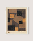 A framed abstract piece of artwork, titled "Mz 386 Hopf (Merzzeichnung)," showcasing a print of brown and black rectangular shapes with varied textures. The cubist-constructivist style composition is signed "H. Steinhen," dated "1942," and labeled with "hsp" at the bottom, featuring a white oak frame.