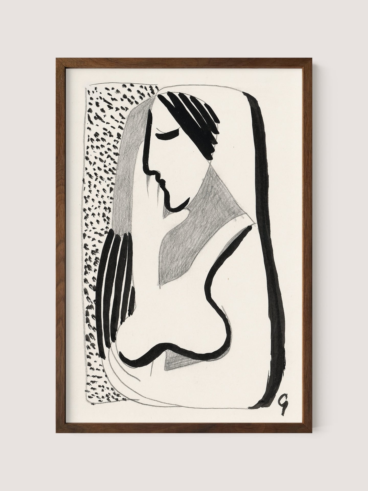 A framed minimalist ink drawing titled &quot;Thoughtful Woman&quot; showcases a black and white profile of a woman with long hair. Using bold, sweeping lines and minimalistic details, this artwork creates a stylized and modern depiction. The versatile design is enhanced by a textured pattern on the left side, making it perfect for various interior styles. This piece comes in an elegant Walnut Oak frame.