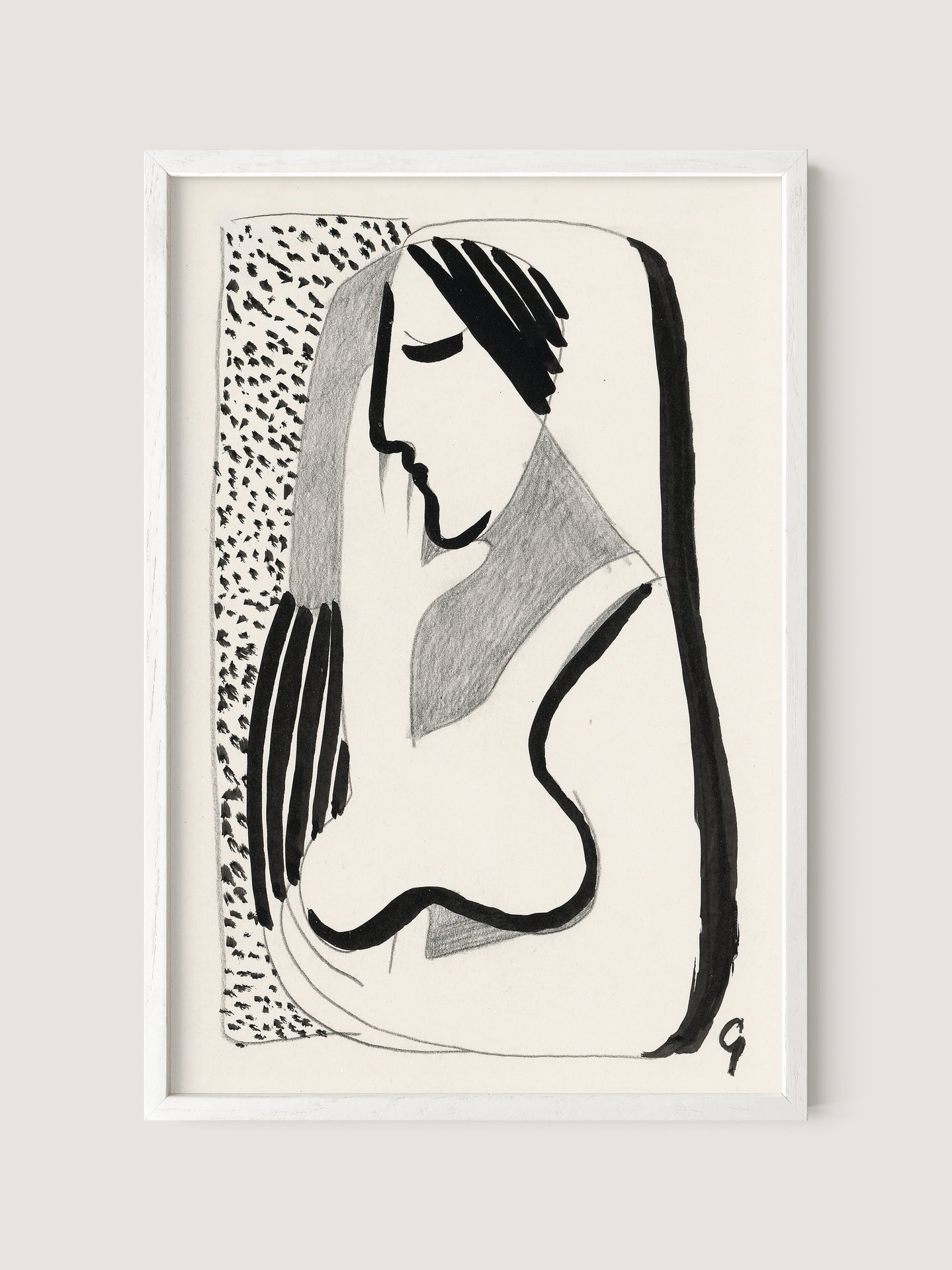 Thoughtful Woman" is a minimalist black and white illustration that evokes the image of a woman with long hair. This abstract artwork is characterized by bold, curvy lines and simple shading, lending it a stylish and modern appeal. The versatile ink drawing comes elegantly framed in a white oak frame, making it a sophisticated addition to various interior styles.