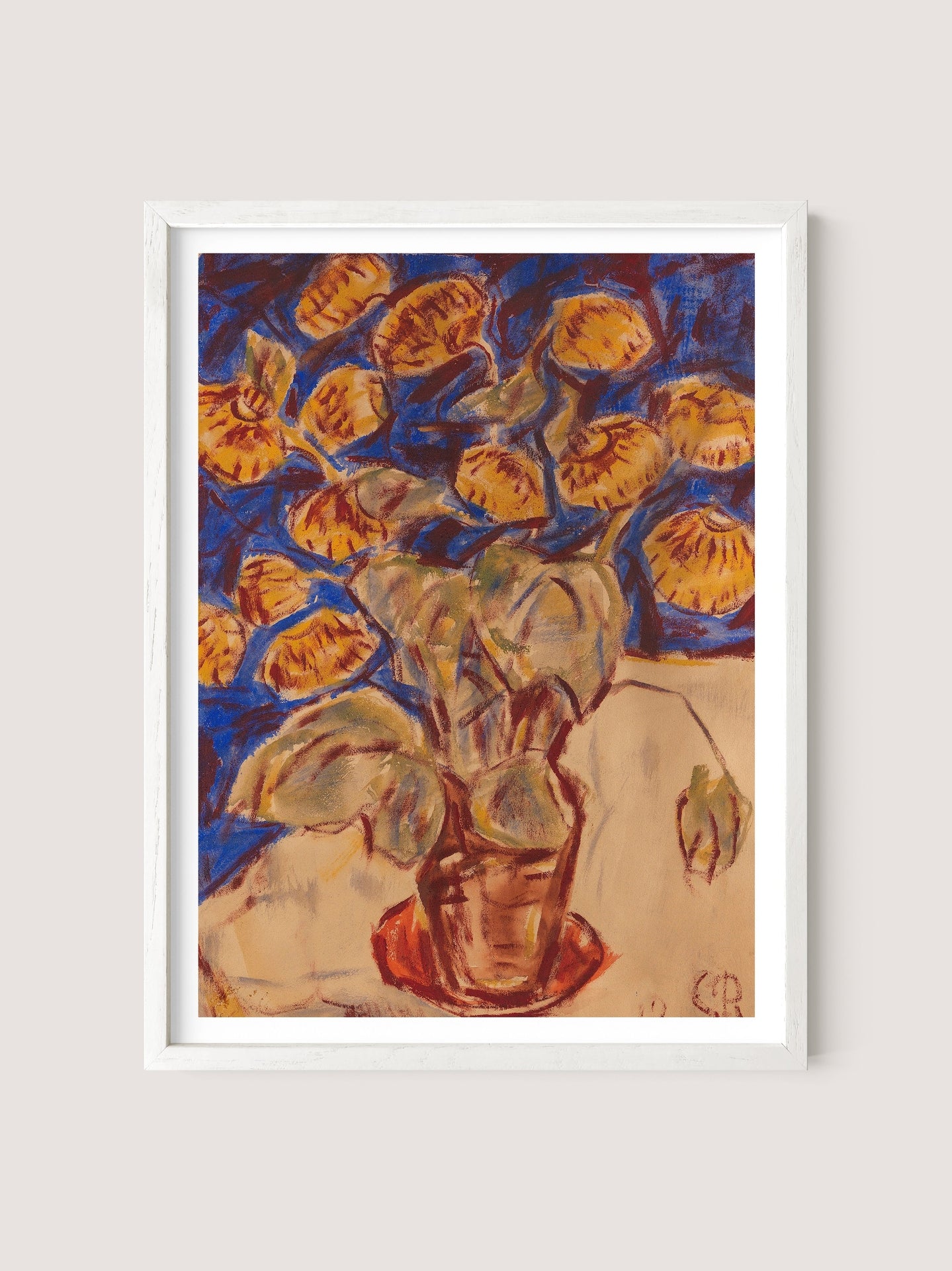 A painting by an expressionist painter showcases potted flowers with vibrant yellow blooms and green leaves. The background blends deep blue and rich earth tones, creating a striking contrast with the bright flowers. This exquisite artwork, named "Slipper Flower," is framed in a simple white oak frame, ideal for various interior styles.