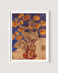 A painting by an expressionist painter showcases potted flowers with vibrant yellow blooms and green leaves. The background blends deep blue and rich earth tones, creating a striking contrast with the bright flowers. This exquisite artwork, named "Slipper Flower," is framed in a simple white oak frame, ideal for various interior styles.