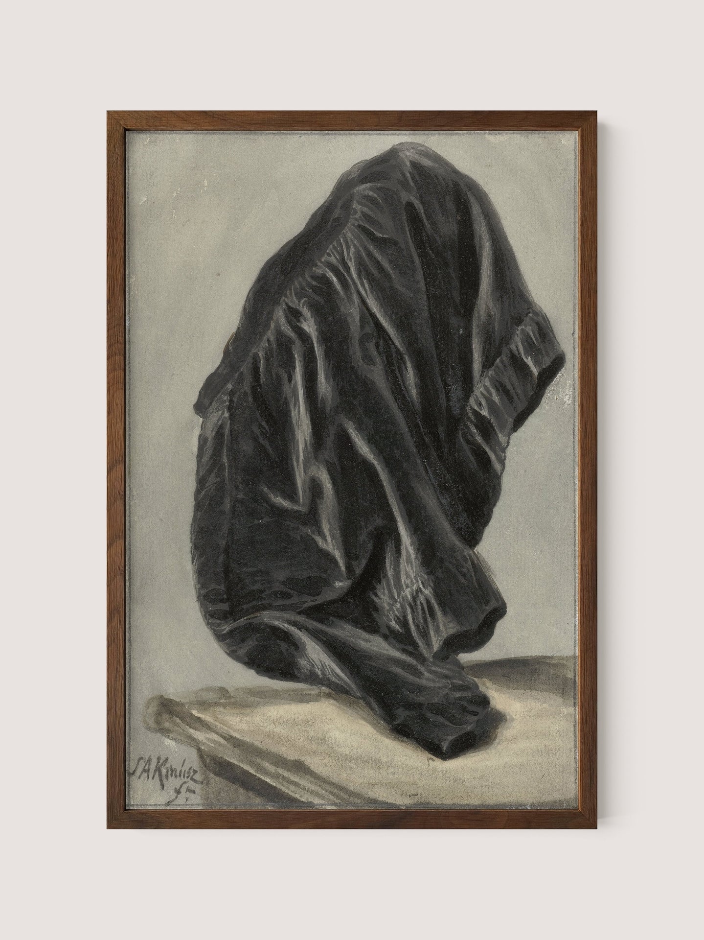 The &quot;Drape Study&quot; painting, mounted in a Walnut Oak frame, portrays a dark, draped cloth enveloping an indistinct form, resulting in an abstract and mysterious shape. The intricate folds of the drapery highlight contrasts between light and shadow. The muted monochrome background ensures focus remains on the central dark and dynamic figure.