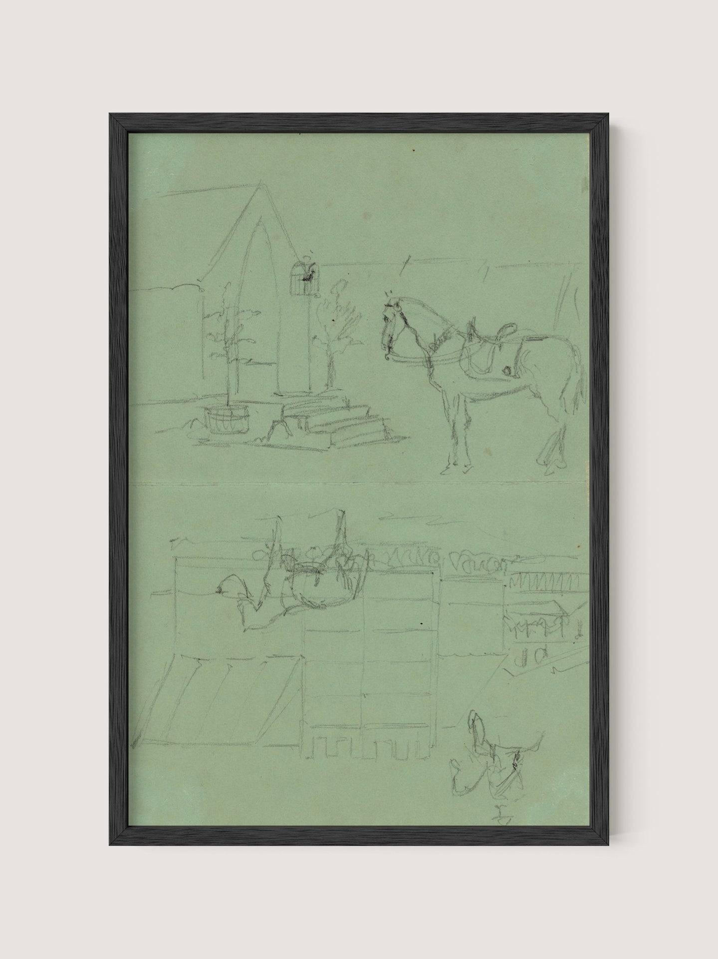 The framed pencil sketch print titled "Horses & Tents" by Alfred R. Waud, set against green paper and encased in a black oak frame, depicts a horse with saddle and bridle near a stone structure with an arched opening. Below, another individual rides a horse next to a fence, while a small figure is visible in the bottom right corner, evoking a scene of rest during wartime.
