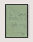 The framed pencil sketch print titled "Horses & Tents" by Alfred R. Waud, set against green paper and encased in a black oak frame, depicts a horse with saddle and bridle near a stone structure with an arched opening. Below, another individual rides a horse next to a fence, while a small figure is visible in the bottom right corner, evoking a scene of rest during wartime.
