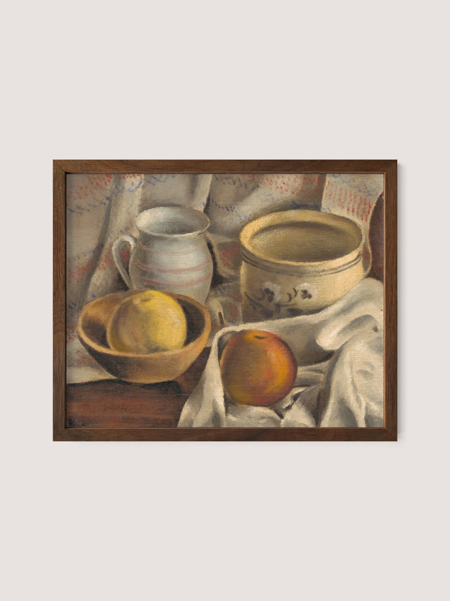 Introducing the &quot;Still Life with Ceramic Pots and Apples,&quot; a framed painting featuring a bowl with two yellow apples, a single red apple on a white cloth, and a striped ceramic jug. Another ceramic container sits nearby, all set against light-colored, patterned fabric. This exquisite artwork brings neutral warm hues in walnut oak tones that are ideal for kitchen and hallway spaces.