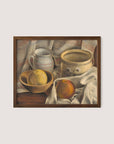 Introducing the "Still Life with Ceramic Pots and Apples," a framed painting featuring a bowl with two yellow apples, a single red apple on a white cloth, and a striped ceramic jug. Another ceramic container sits nearby, all set against light-colored, patterned fabric. This exquisite artwork brings neutral warm hues in walnut oak tones that are ideal for kitchen and hallway spaces.