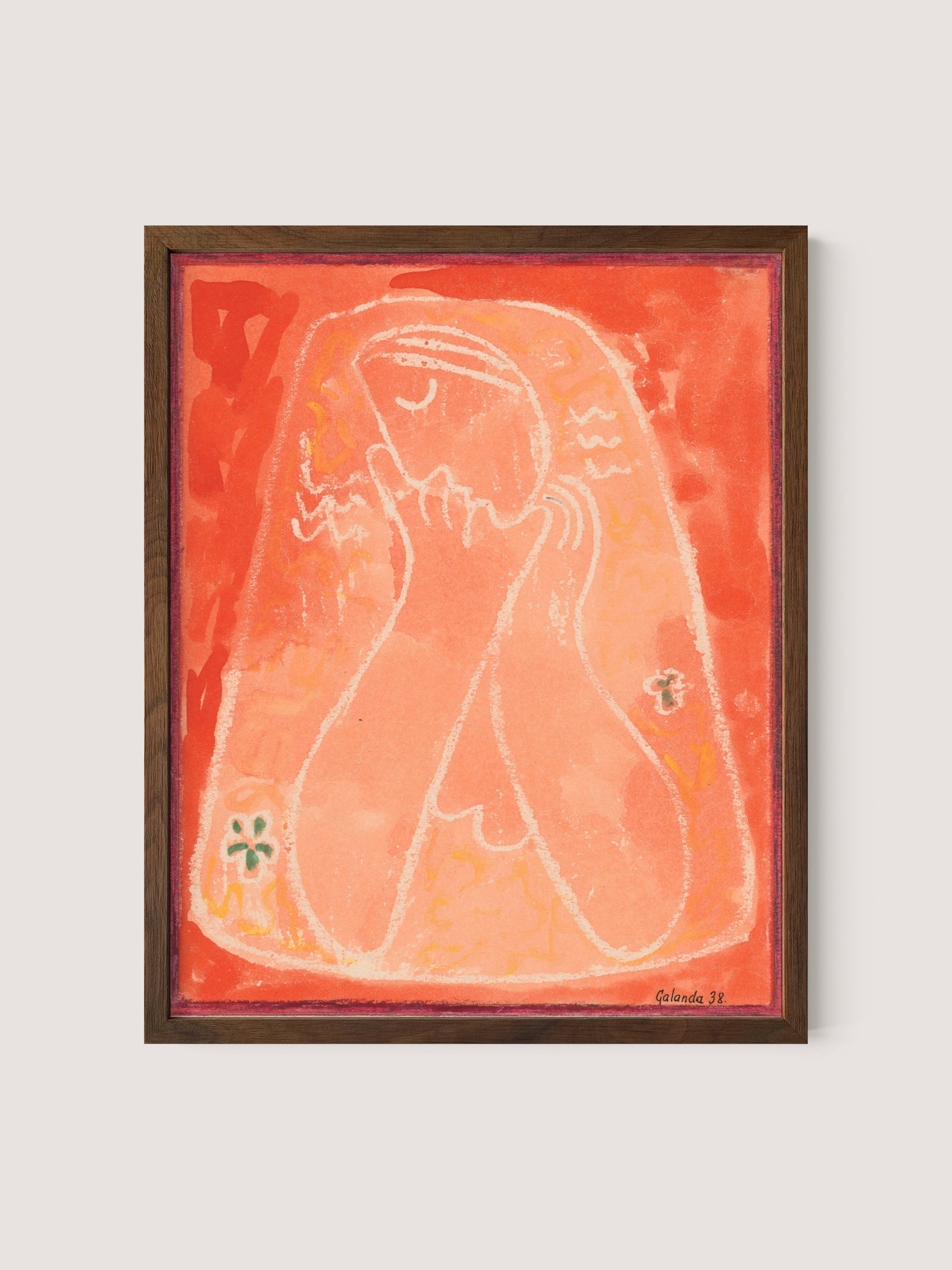 The minimalist painting, &quot;Thoughtful Woman II,&quot; features abstract artwork of a veiled figure with closed eyes and clasped hands, painted in warm shades of orange, pink, and red. It is framed in a simple walnut oak frame and adorned with small floral elements in the corners. Galanda&#39;s signature is visible at the bottom.