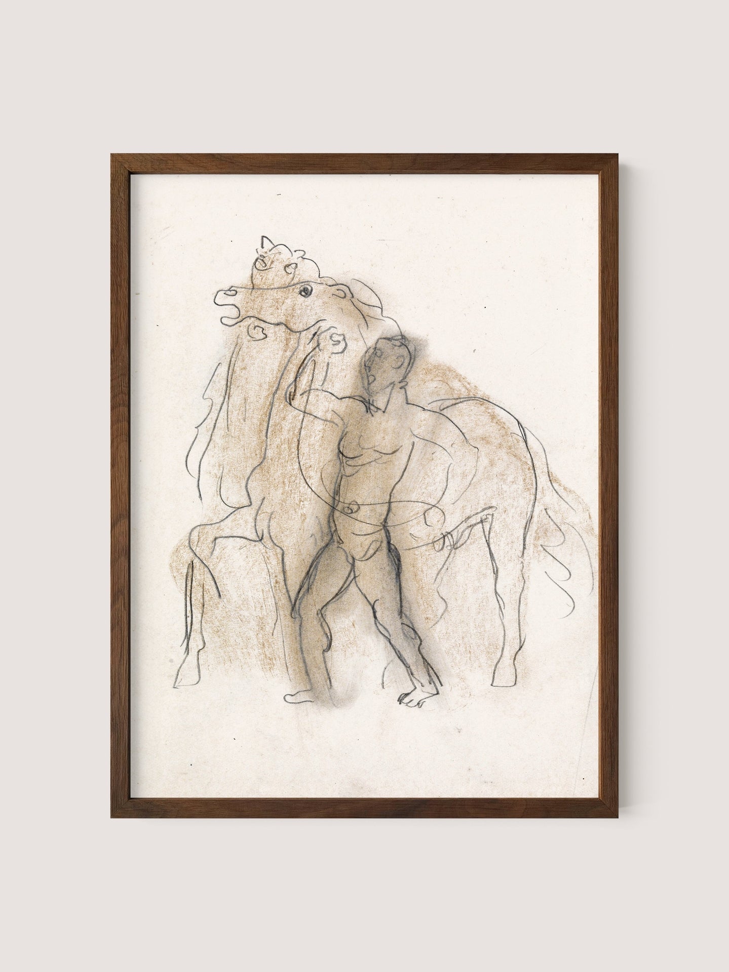 The framed &quot;Man &amp; Horses&quot; abstract drawing showcases a simplified sketch of a person standing beside powerful steeds. The minimalistic and fluid outlines are enhanced by rich brown conte shading, which subtly defines the figures&#39; contours. The piece is elegantly framed in Walnut Oak.