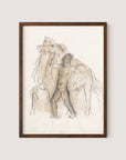 The framed "Man & Horses" abstract drawing showcases a simplified sketch of a person standing beside powerful steeds. The minimalistic and fluid outlines are enhanced by rich brown conte shading, which subtly defines the figures' contours. The piece is elegantly framed in Walnut Oak.