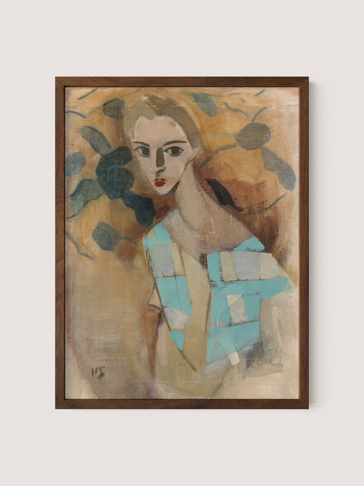 Girl from Eydtkuhne ii" is an abstract painting of a woman with a neutral expression. She has light skin and dark eyes, and her hair is pulled back. Her mosaic-styled shirt is depicted in geometric shapes of striking blues and beige. The background features calming earth tones of brown and green. The painting is framed in walnut oak.