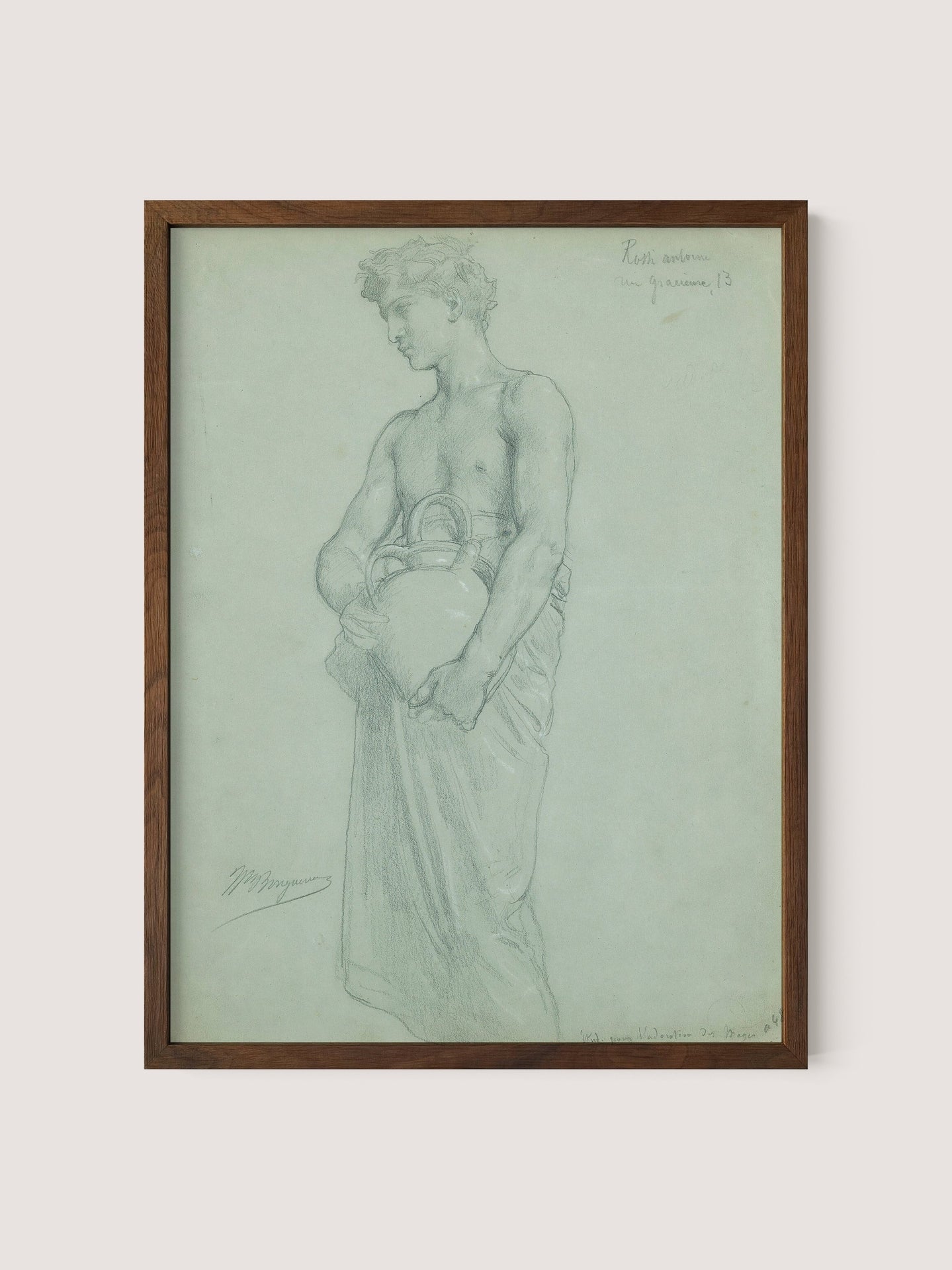 A framed pencil sketch titled &quot;Study For L’adoration Des Mages&quot; features a shirtless figure holding a large jug, draped in cloth from the waist down and gazing downward. The artwork, exuding timeless beauty, includes handwritten text within the illustration along with an additional signature and date in the bottom left corner. Enclosed in a Walnut Oak frame, it echoes Bouguereau’s sophistication.