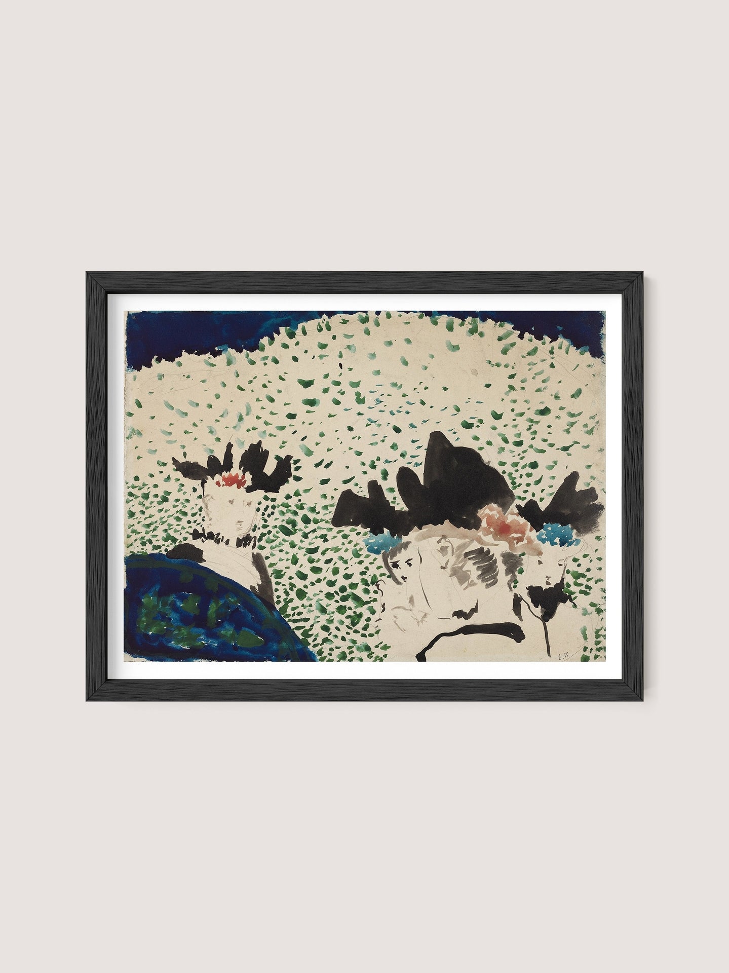 The "Four Ladies with Fancy Hats" painting is framed in black oak and showcases an abstract composition with a blend of green, blue, black, and beige brush strokes. The artwork features two central, undefined forms set against a speckled background that hints at a natural or landscape scene. Its versatile design seamlessly complements various interior styles.